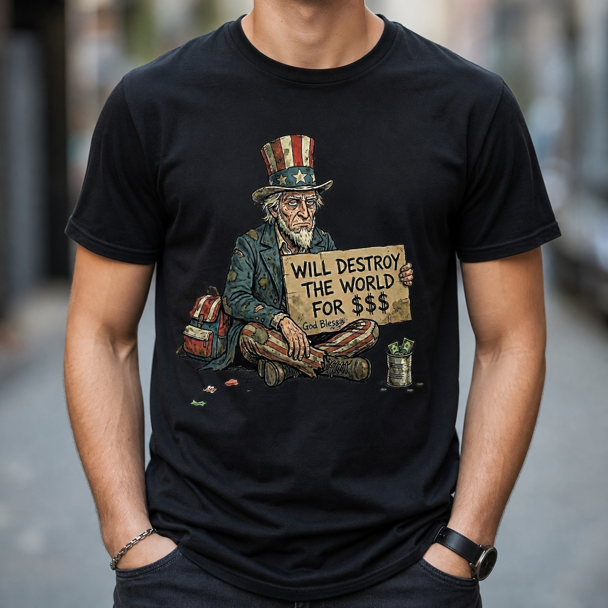 Will destroy the world for $$$ - unisex softstyle T-Shirt