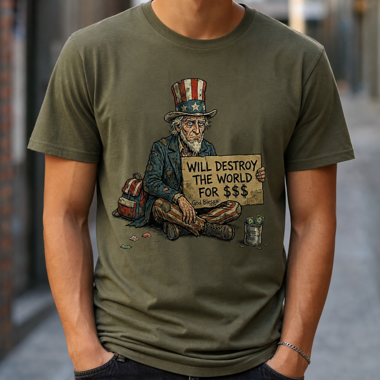 Will destroy the world for $$$ - unisex softstyle T-Shirt