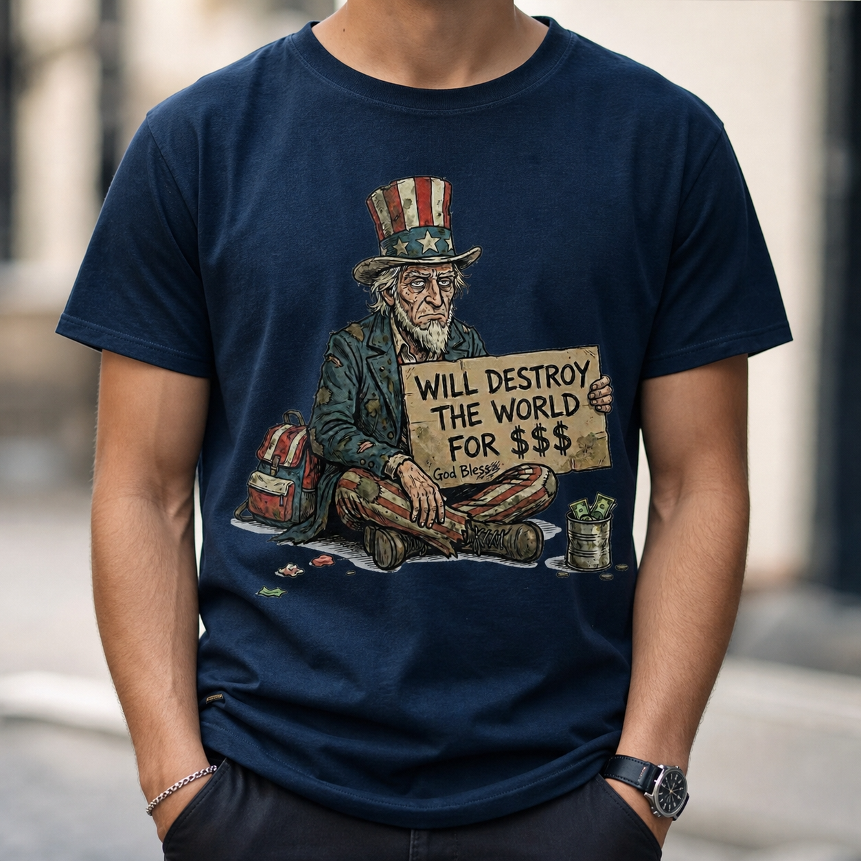 Will destroy the world for $$$ - unisex softstyle T-Shirt