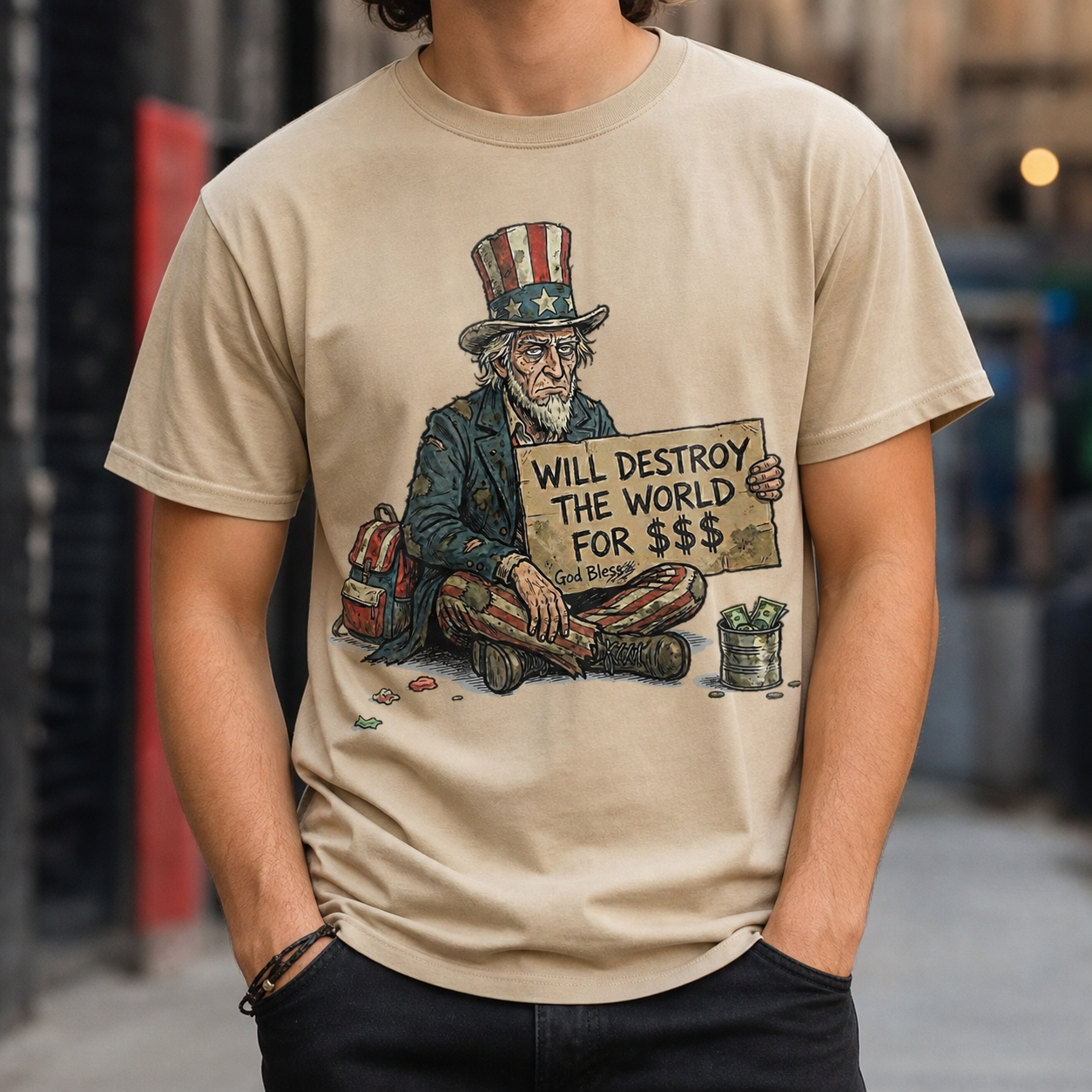 Will destroy the world for $$$ - unisex softstyle T-Shirt