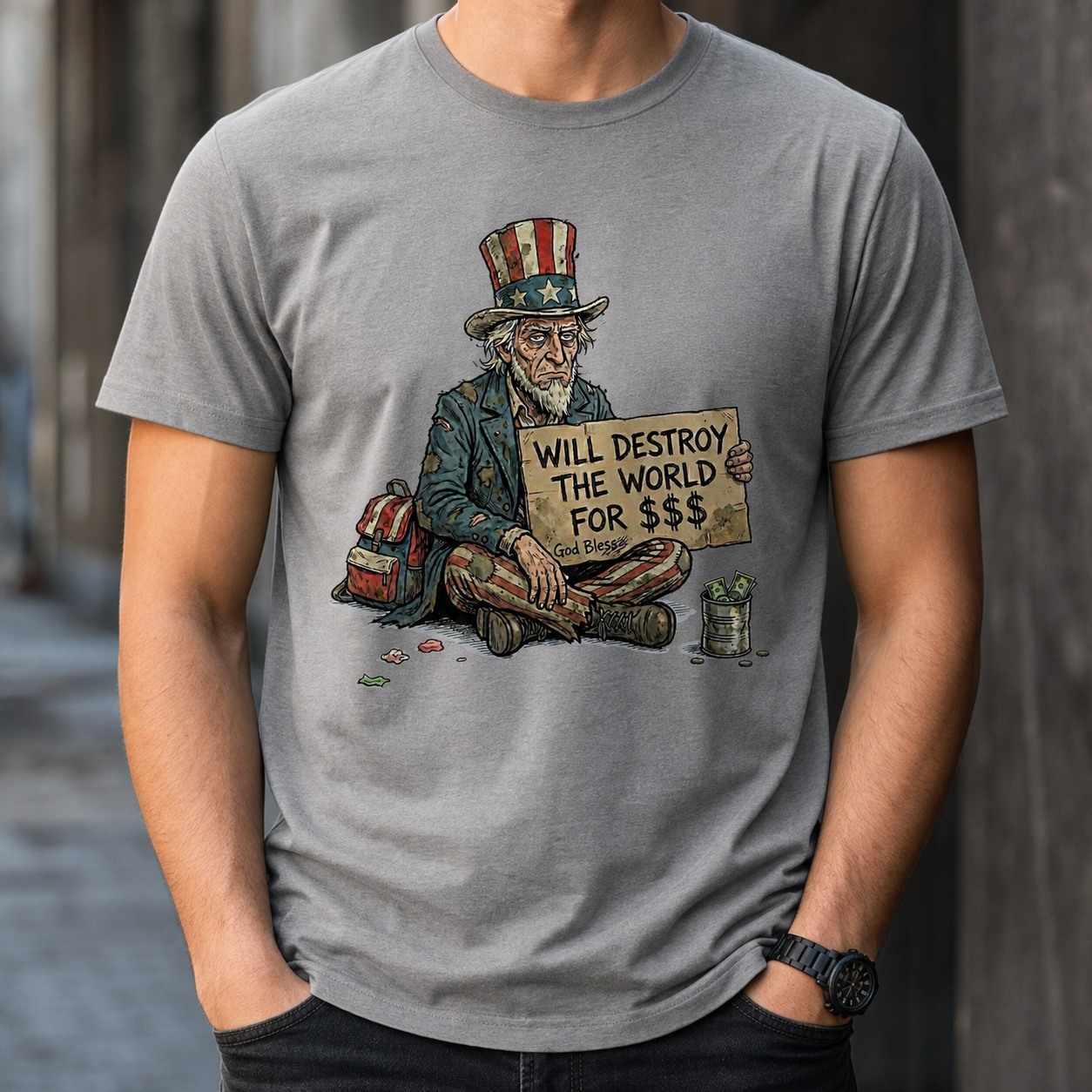 Will destroy the world for $$$ - unisex softstyle T-Shirt