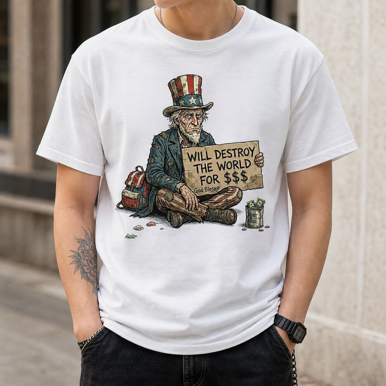 Will destroy the world for $$$ - unisex softstyle T-Shirt